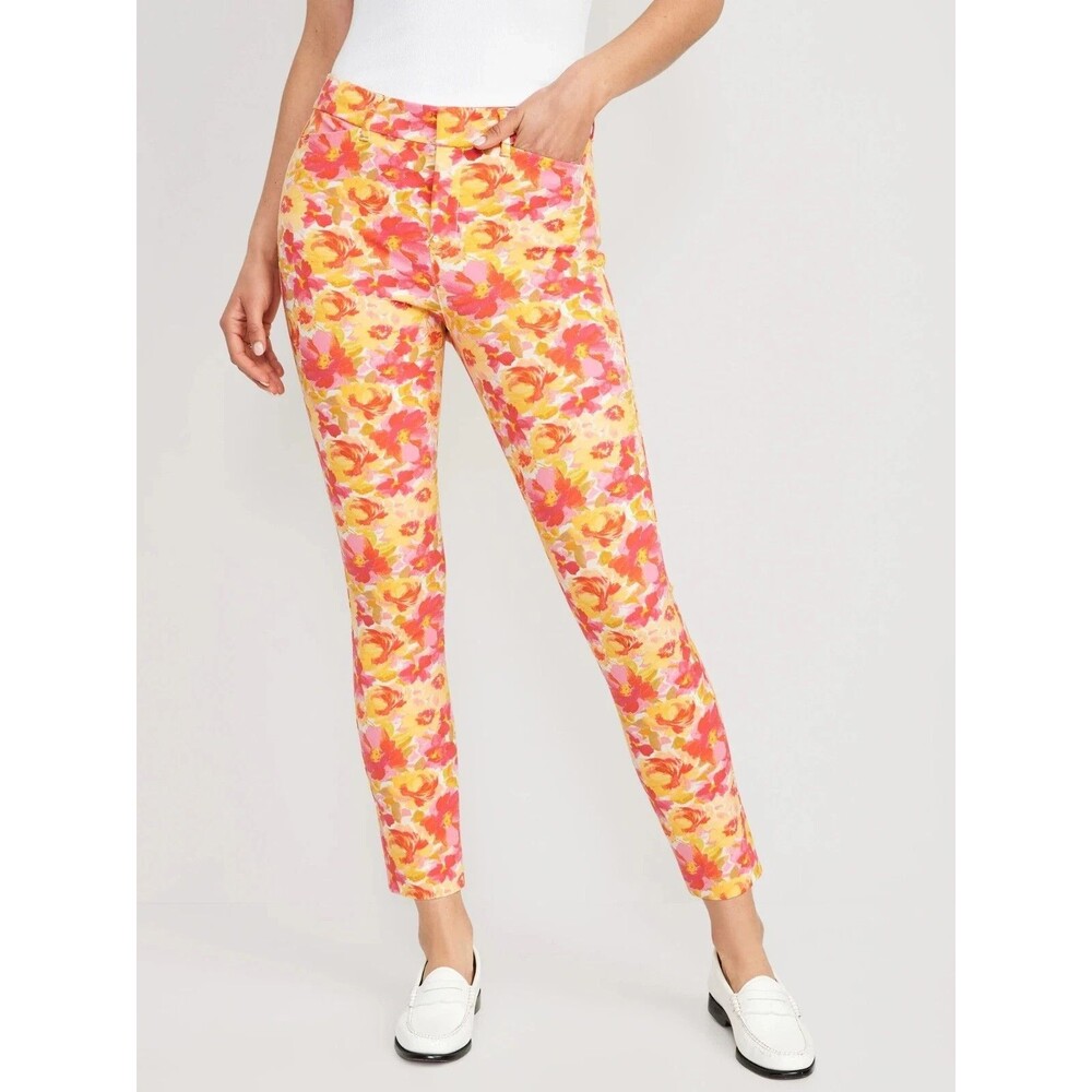 Old Navy Pixie Skinny Ankle Dress Pants Womens 14 Pink Floral Stretch NEW